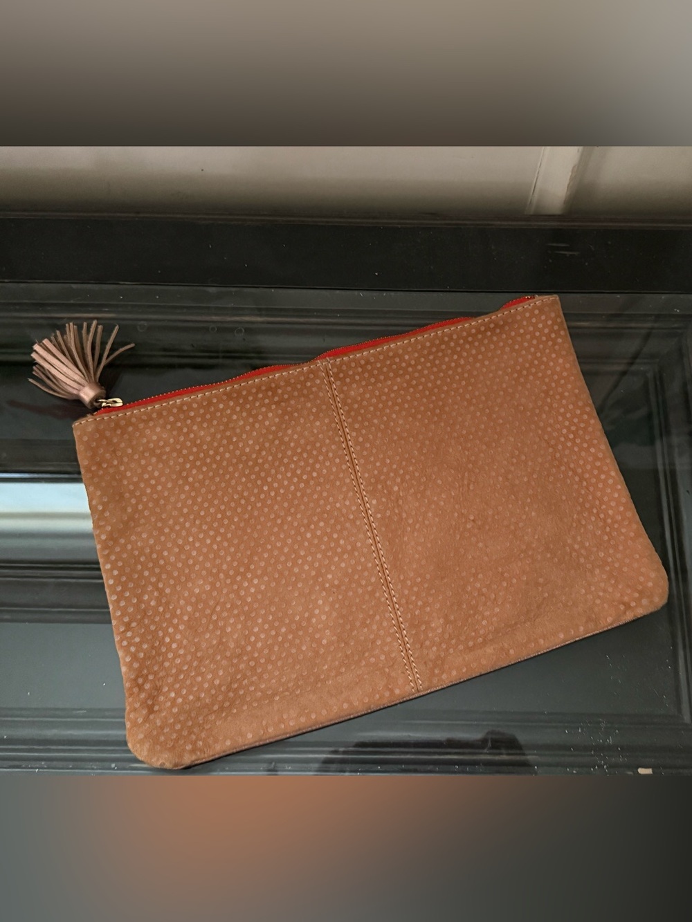 Anthropologie Miss Albright rose gold Suede Pouch with Red Zipper